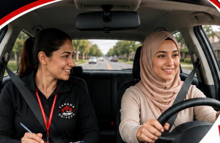 Student learning to drive with a Canada Drivers instructor